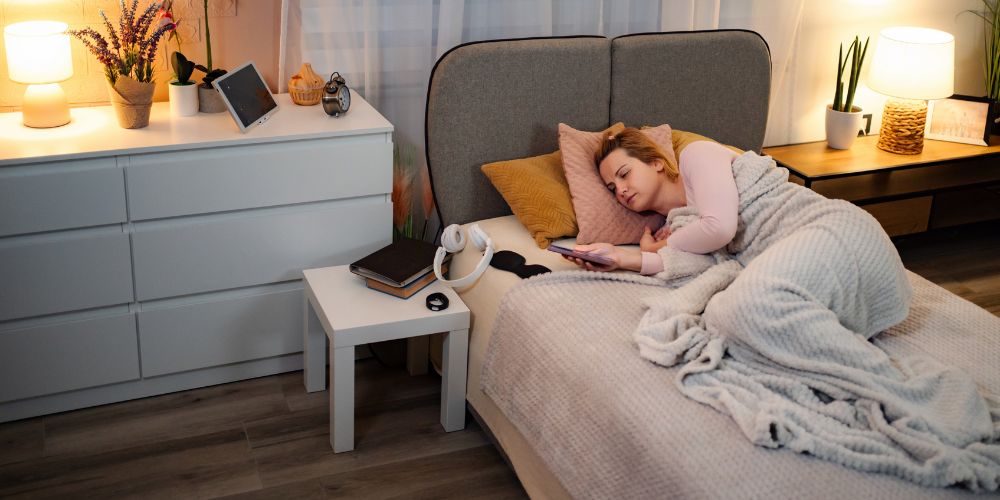 woman in bed, struggling to fall asleep.